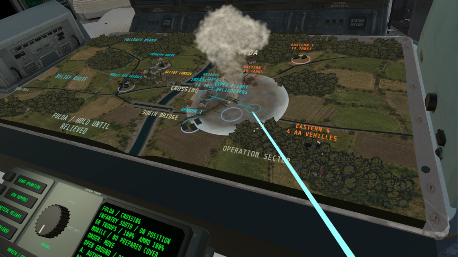 Fulda Gap 3D battlefield on the command table, with armoured formations, infantry, helicopters and river crossings