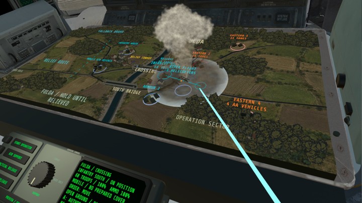 Fulda Gap battlefield with forces defending river crossings on the 3D map table