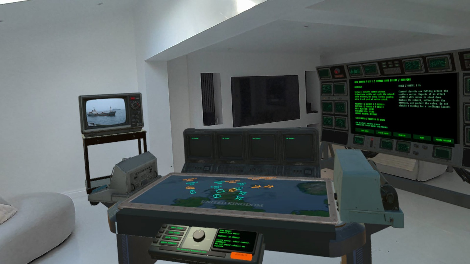Mixed Reality map table with glowing unit contacts, command displays and a period television in a real living room