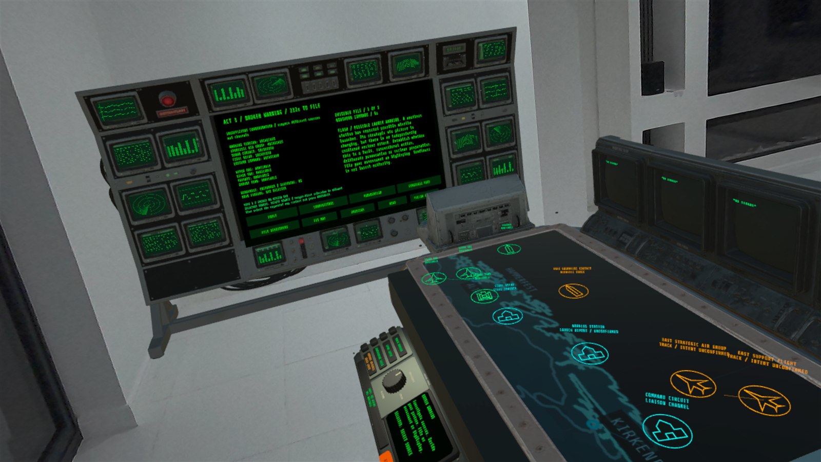 Mixed Reality tactical table and green command displays placed in a living room