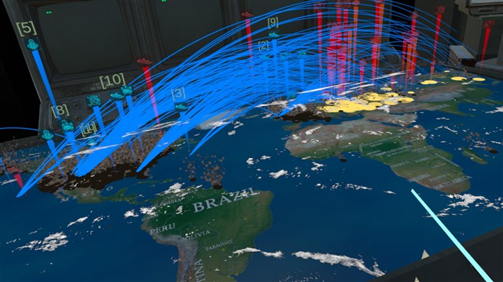 Blue missile trajectories on the global theatre map