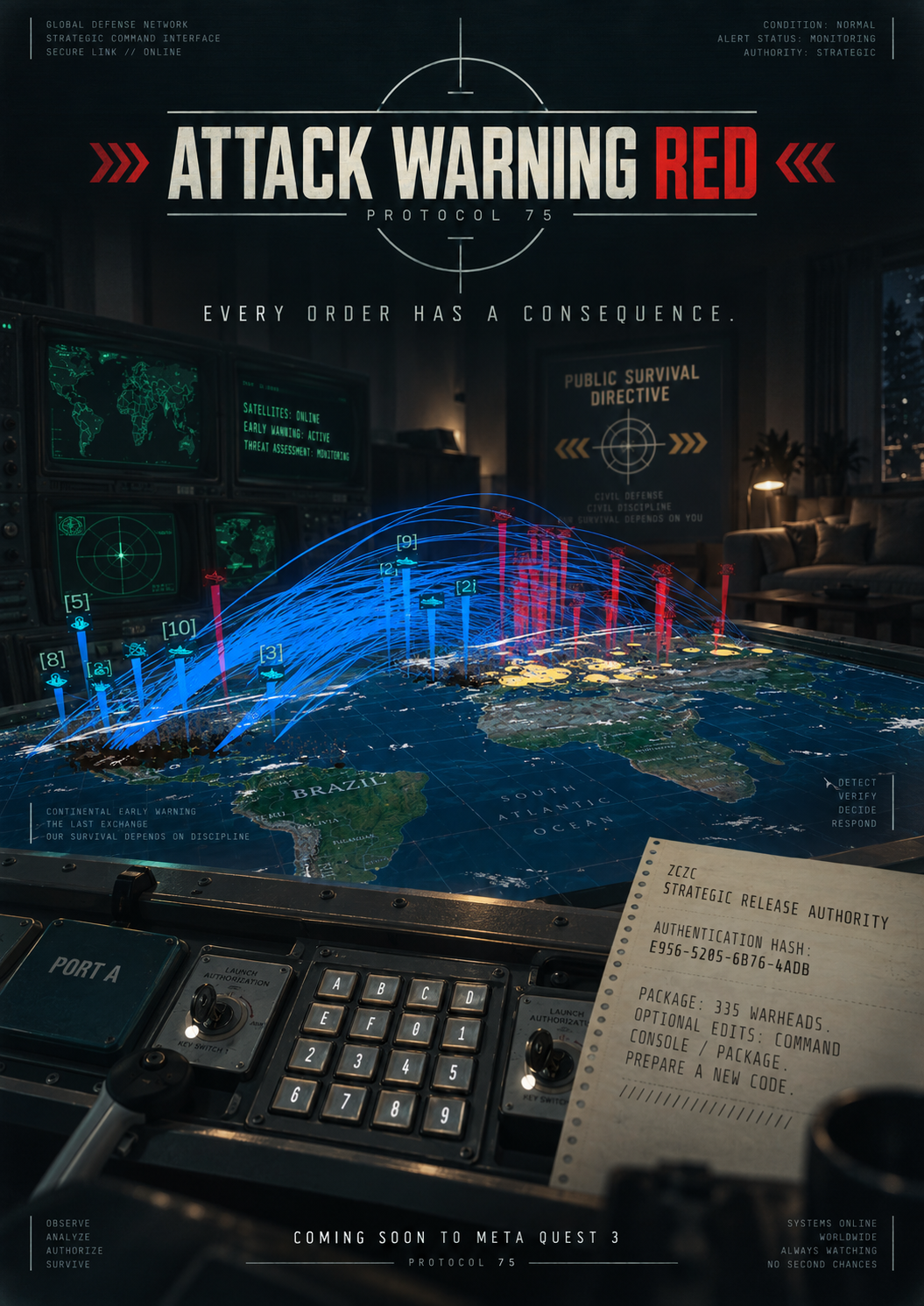 Official Attack Warning Red poster: Cold War command equipment, strategic map and launch authentication document